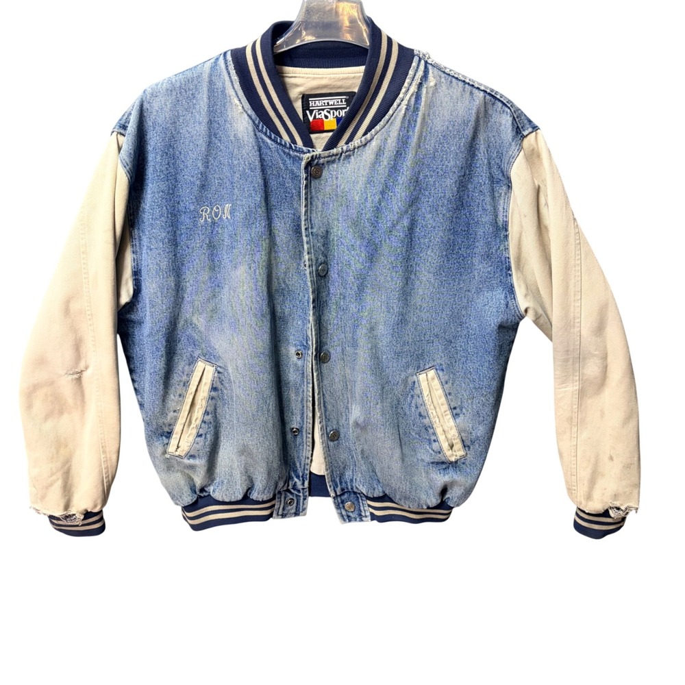 Hartwell ViaSport 1990s Denim Blue Canvas Varsity‎ Jacket Vintage Distressed